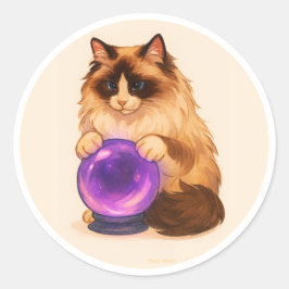 Ragdoll kat met paarse kristallen bol ronde sticker