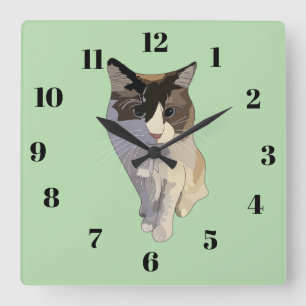 Ragdoll kat, pastelgroen, glas in lood vierkante klok