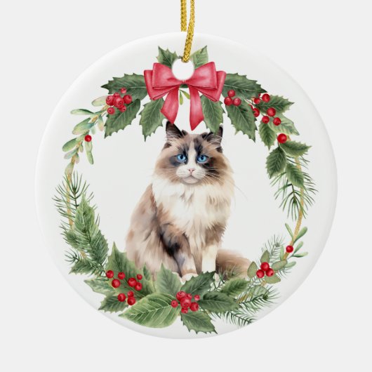 Ragdoll Kat Rode Boog Holly Krans Keramisch Keramisch Ornament (Voorkant)