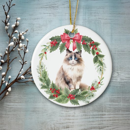 Ragdoll Kat Rode Boog Holly Krans Keramisch Keramisch Ornament
