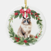 Ragdoll Kat Rode Boog Holly Krans Keramisch Ornament (Voorkant)