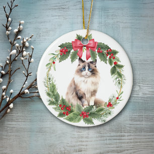 Ragdoll Kat Rode Boog Holly Krans Keramisch Ornament
