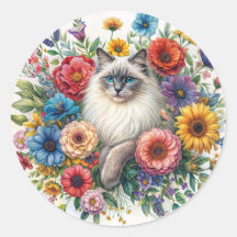 Ragdoll-kat tussen kleurrijke bloemen waterverf
