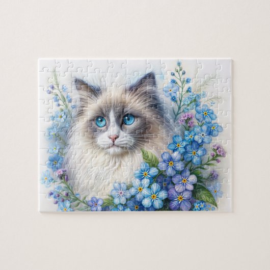 Ragdoll kat tussen vergeet-mij-nietjes legpuzzel (Horizontaal)