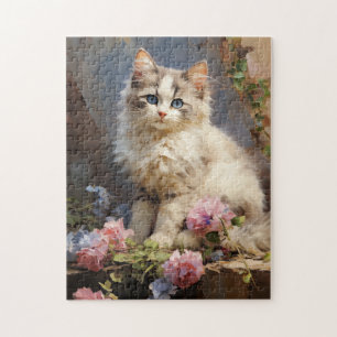 Ragdoll kattenportret met bloemen legpuzzel