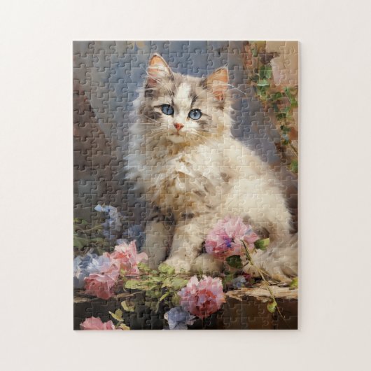 Ragdoll kattenportret met bloemen legpuzzel (Verticaal)