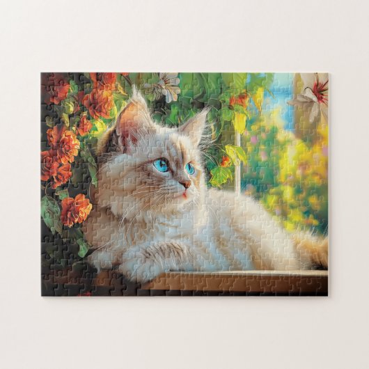 Ragdoll kattenportret met bloemen legpuzzel (Horizontaal)