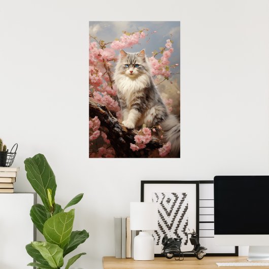 Ragdoll kattenportret met bloemen poster (Thuiskantoor)