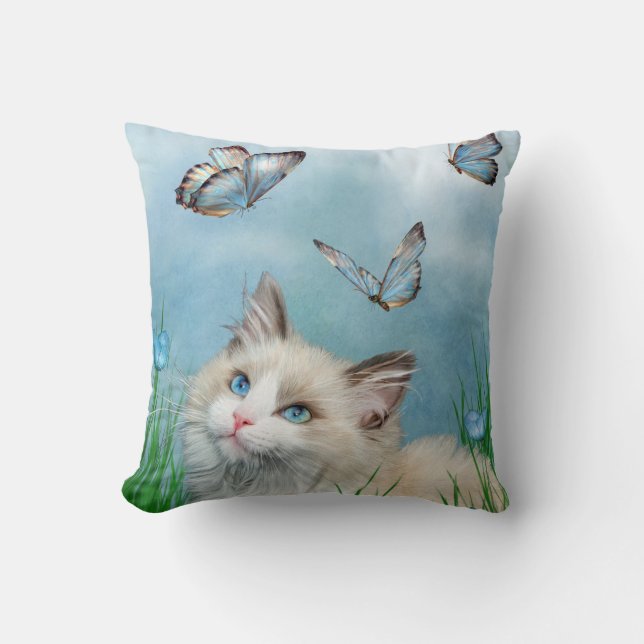 Ragdoll Kitten En Vlinders Kunst Decoratie Kussen (Voorkant)