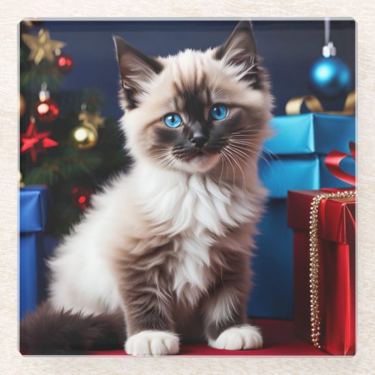 Ragdoll Kitten Kerstcadeau Glazen Onderzetter (Voorkant)