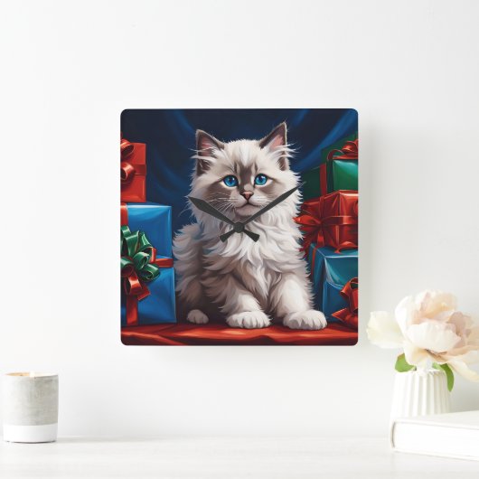 Ragdoll Kitten Kerstcadeau Vierkante Klok (Huis)