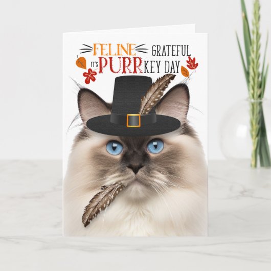 Ragdoll Seal Point Cat Dankbaar voor PURRkey Day Feestdagen Kaart (Voorkant)