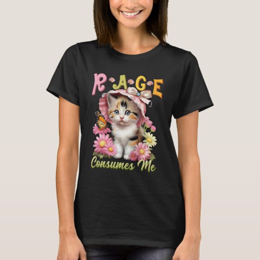Rage Consumes Kat Kleine Kitten Grote Bonnet Bloem T-shirt (Voorkant)