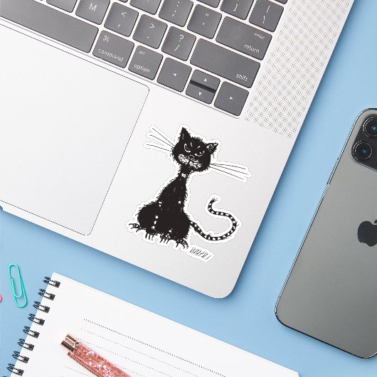 Ragged Black Cat Nine Lives Sticker (Laptop met iPhone)