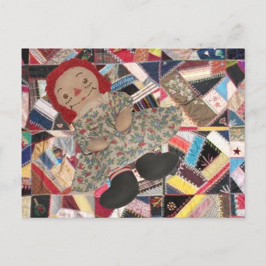 Raggedie Doll over Antiek Crazy Quilt Briefkaart (Voorkant)