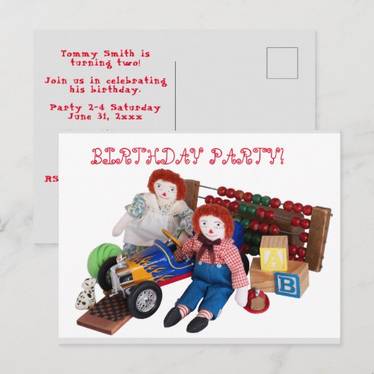 Raggedy Ann Andy speeltjes jongen meisje verjaarda Uitnodiging Briefkaart (Voorkant / Achterkant)