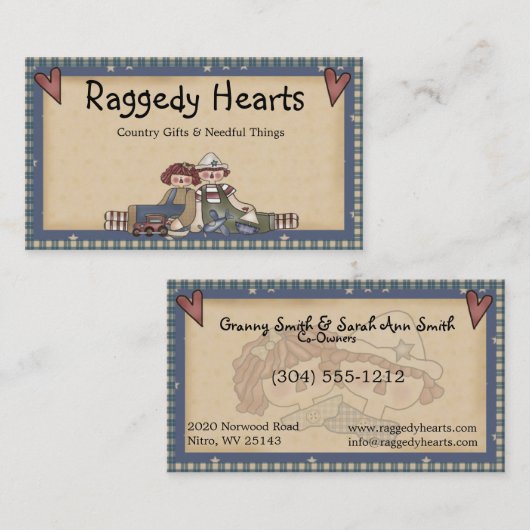 Raggedy Hearts Primitive Country Visitekaartje (Voorkant / Achterkant)