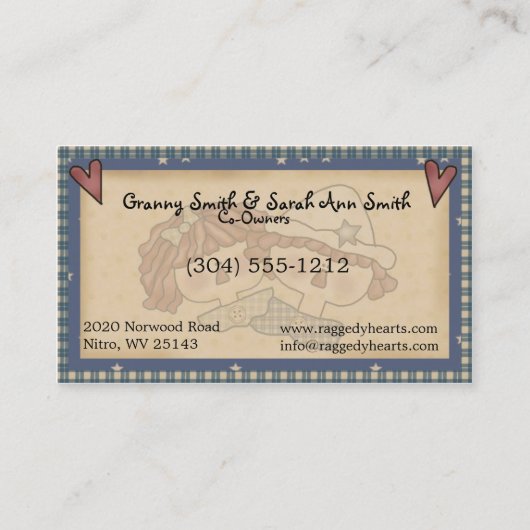Raggedy Hearts Primitive Country Visitekaartje (Achterkant)