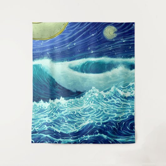 Raging Waves Blue Ocean Night Wandkleed (Voorkant)