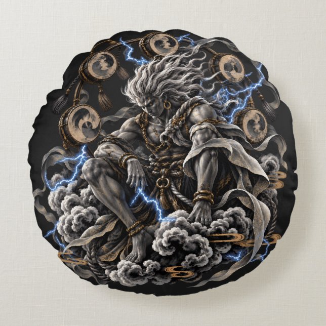 Raijin Bleu Rond Kussen (Voorkant)