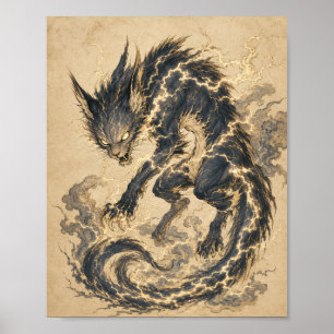 Raiju Gouden Staart Japanse Yokai Kunst Poster