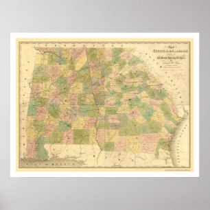 Railroad map 1839 voor Georgië en Alabama Poster