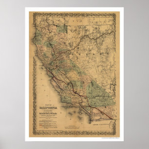 Railroad Map 1876 in Californië en Nevada Poster