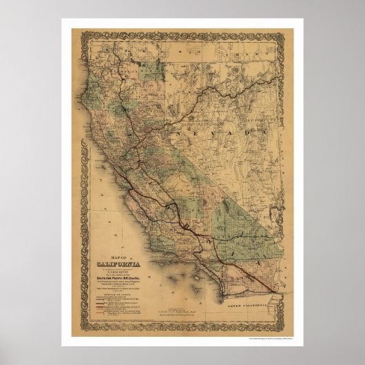 Railroad Map 1876 in Californië en Nevada Poster (Voorkant)