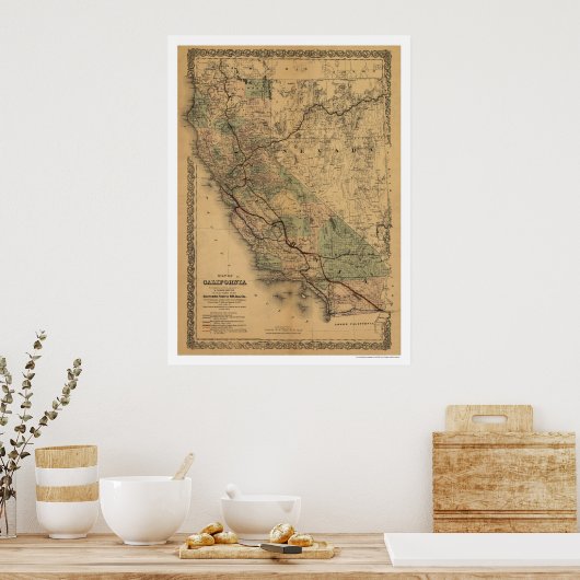 Railroad Map 1876 in Californië en Nevada Poster (Keuken)