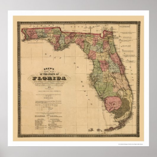 Railroad Map van Florida 1874 Poster (Voorkant)