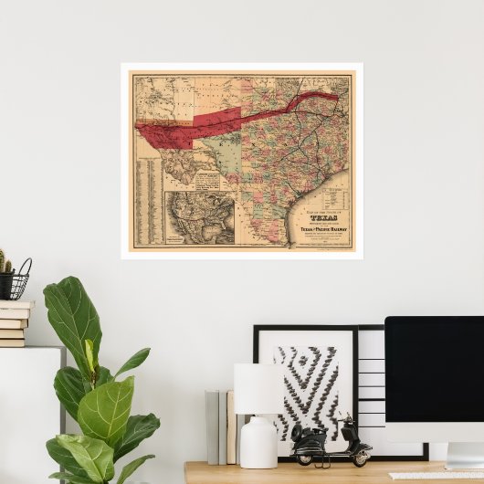 Railroad Map van Texas & Pacific 1873 Poster (Thuiskantoor)