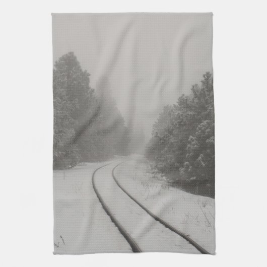 Railroad Tracks Winter Fog Photo Theedoek (Verticaal)