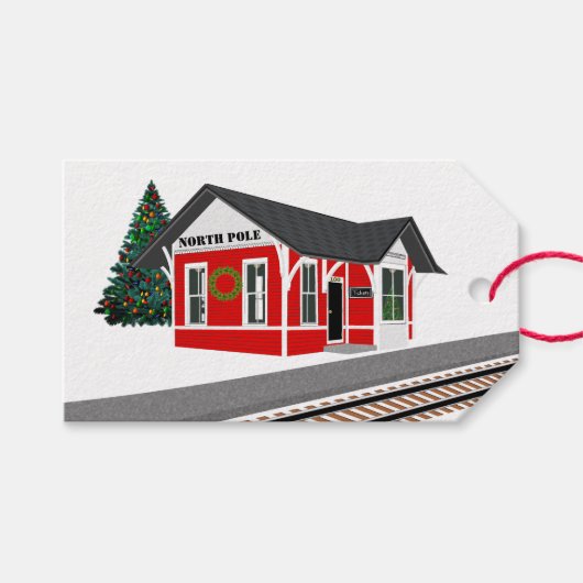 Railroad Train Depot met kerstcadeaus voor kerstca Cadeaulabel (Voorkant (Horizontaal))
