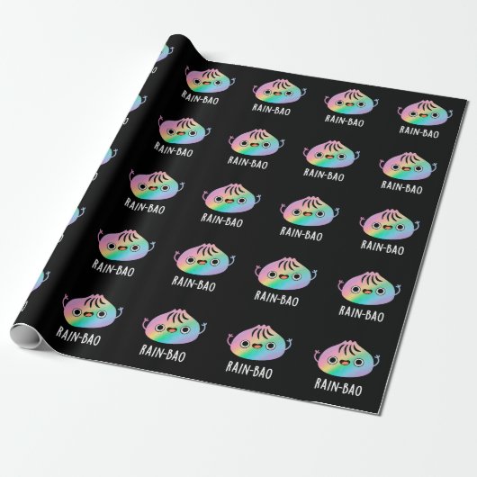 Rain-bao Funny Rainbow Dimsum Bao Pun Dark BG Cadeaupapier (Uitgerold)