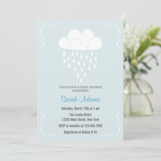 Rain Cloud Baby shower Invitation Pastel Blue Kaart (Staand voorkant)