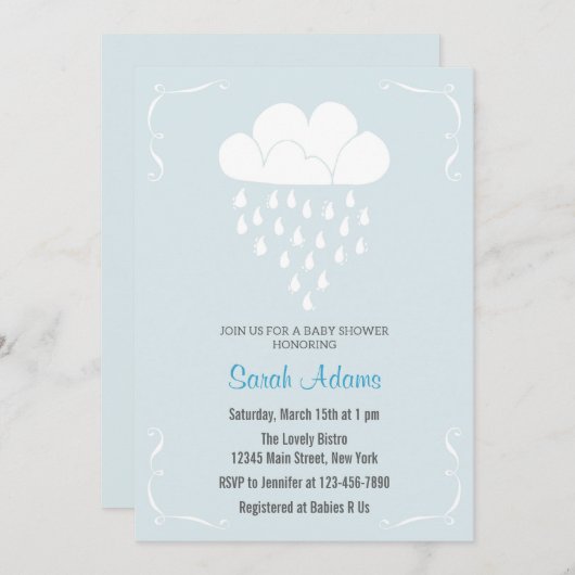 Rain Cloud Baby shower Invitation Pastel Blue Kaart (Voorkant / Achterkant)