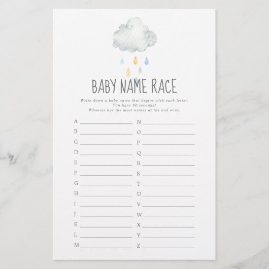 Rain Cloud Boy Baby shower Baby Naam Race Game (Voorkant)