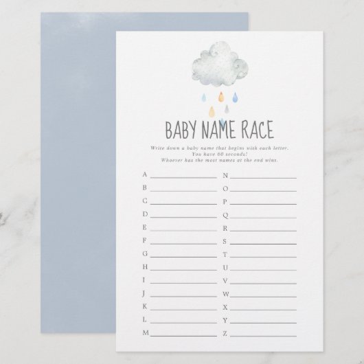Rain Cloud Boy Baby shower Baby Naam Race Game (Voorkant / Achterkant)