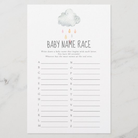 Rain Cloud Girl Baby shower Baby Naam Race Game (Voorkant)