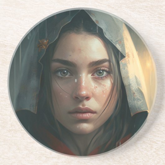 Rain hood girl zandsteen onderzetter (Voorkant)