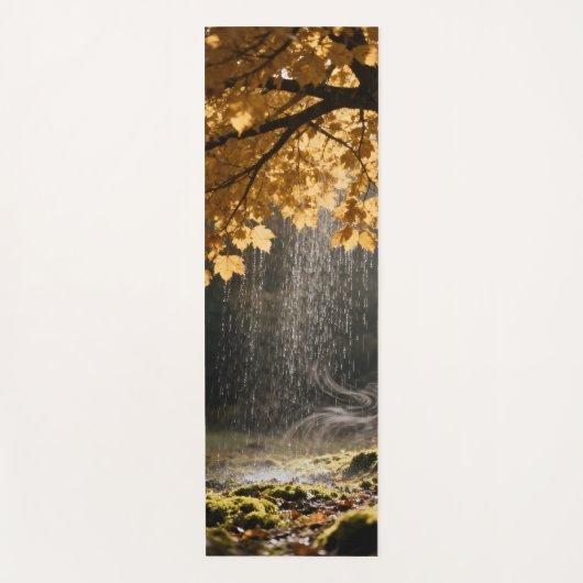 Rain pours from lush branches onto mossy ground yogamat (Voorkant)