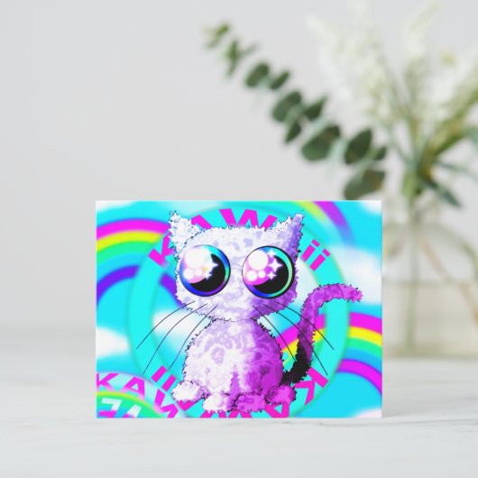Rainbogen en een krulkat in de stijl van Kawaii Briefkaart (Staand voorkant)