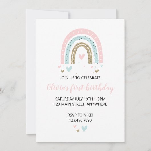 Rainbogen en harten Eerste verjaardag Uitnodigen p Kaart (Voorkant)