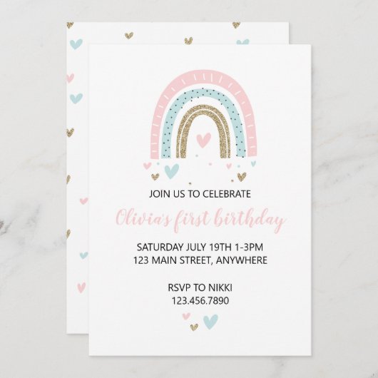 Rainbogen en harten Eerste verjaardag Uitnodigen p Kaart (Voorkant / Achterkant)