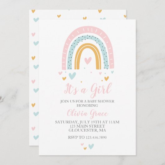 Rainbogen en kunstmeisjes Baby shower Pastel Invit Kaart (Voorkant / Achterkant)