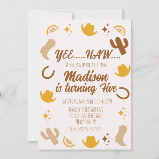 Rainbogen en Rodeos Groovy Birthday Aankondiging (Voorkant)