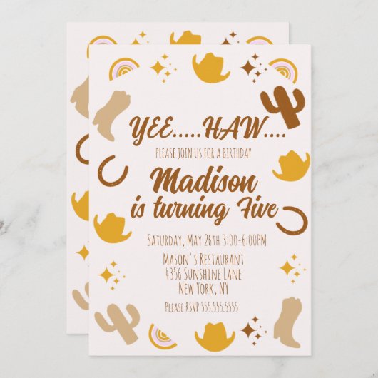 Rainbogen en Rodeos Groovy Birthday Aankondiging (Voorkant / Achterkant)