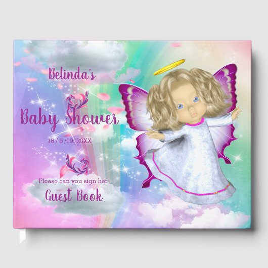 Rainbogen, fluffy clouds en Butterfly Baby Girl Gastenboek (Voorkant)
