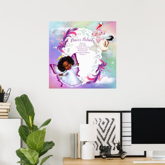 Rainbogen, fluffy clouds en Butterfly Baby Girl Poster (Thuiskantoor)