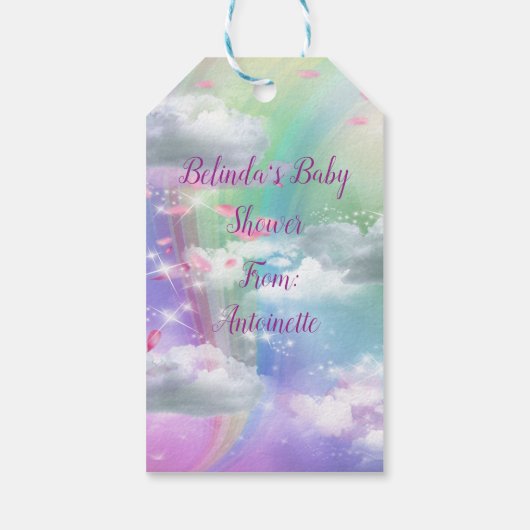 Rainbogen, fluffy clouds en Butterfly Baby Girls Cadeaulabel (Achterkant)